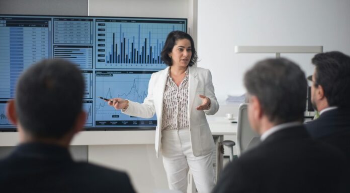 4U Pharma – Posvećenost porodici koja ne prestaje na proizvodima Žena u belom sakou objašnjava nešto na poslovnom sastanku