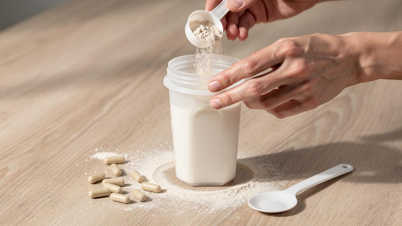 ruke-proteinski-prask-kapsule Ruke nasipaju proteinski prašak u plastični shaker pored rasutih kapsula