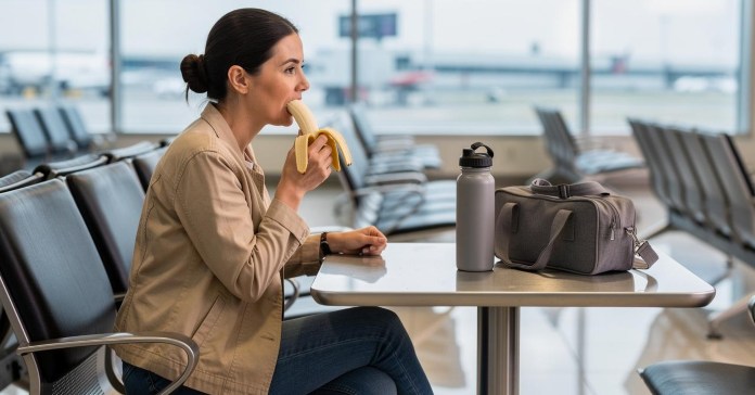 Žena sedi u čekaonici aerodroma i jede oljuštenu bananu pored torbe i bidona
