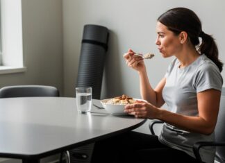 Kako održati energiju kada trenirate, radite i nemate idealan raspored? Žena sedi za stolom i jede činiju žitarica sa bananom i bademima