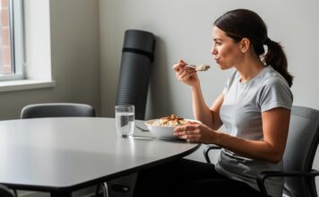 Kako održati energiju kada trenirate, radite i nemate idealan raspored? Žena sedi za stolom i jede činiju žitarica sa bananom i bademima